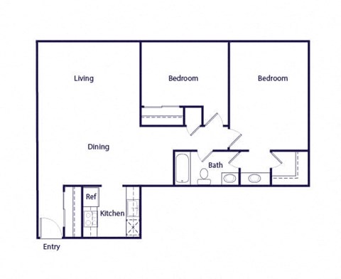 Floor plan for 2 beds, 1 bath, 954 sqft